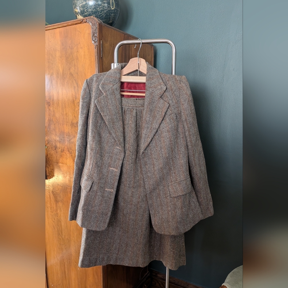 Vintage Brown Herringbone Wool Blazer and Skirt Set